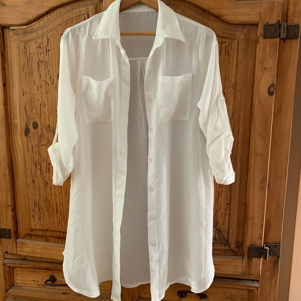 Swimsuit cover up, white sheer, OS